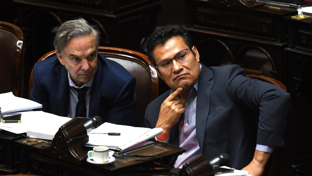 Osvaldo Llancacafilo dialoga con Miguel Pichetto en el recinto. Fuente: (Télam)