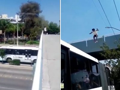 Graban reto de parkour: Joven se lanza desde puente a un autobús “oruga” en León (Video)