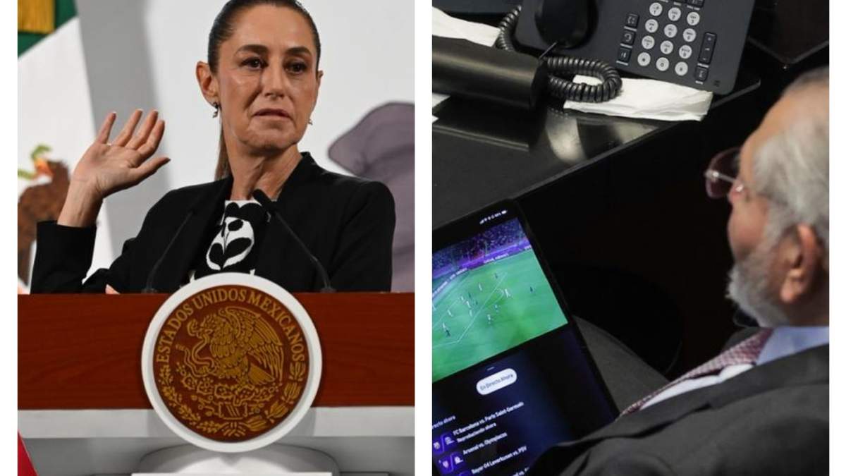 Shainbaum y Adán Augusto López viendo el futbol en la sesión del Senado