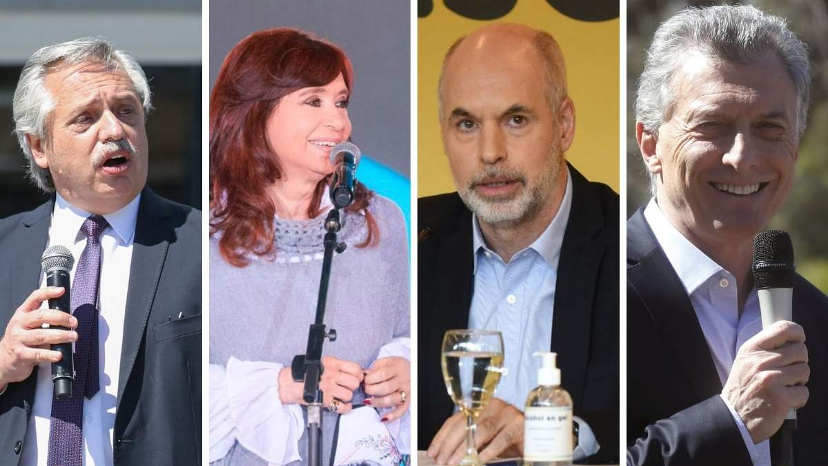 El presidente Alberto Fernández; la vicepresidenta Cristina Fernández de Kirchner, el jefe de Gobierno porteño, Horacio Rodríguez Larreta, y el expresidente Mauricio Macri. Fuente: (Twitter)