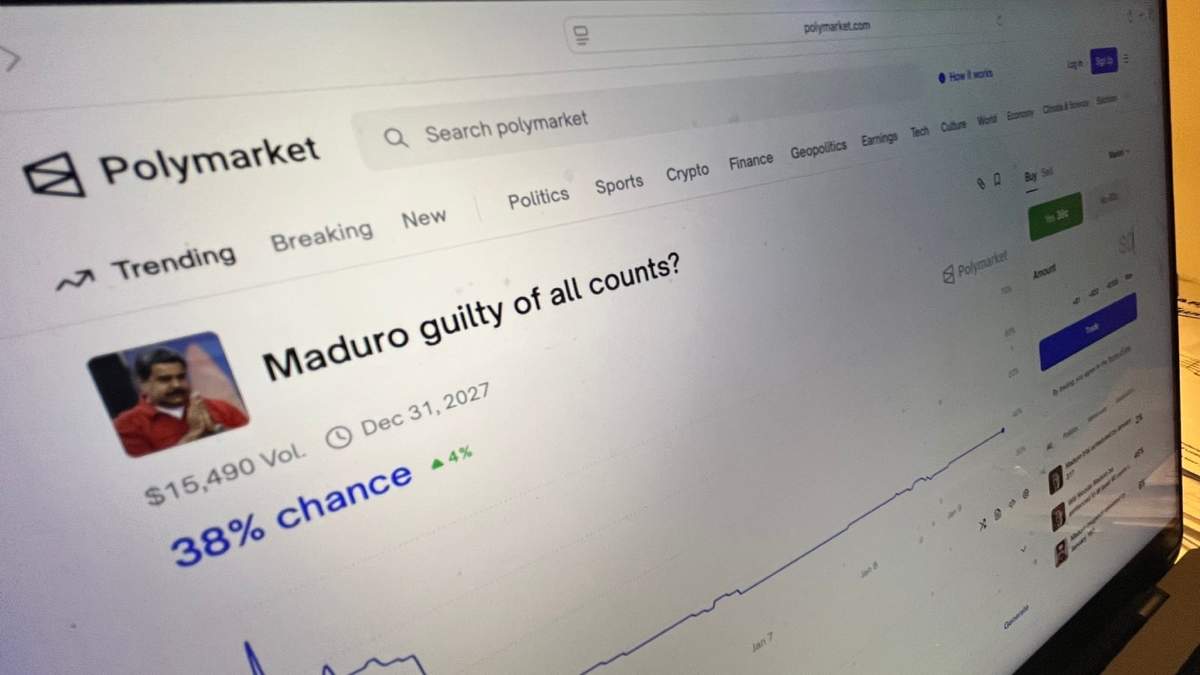 El sitio de predicciones y apuestas Polymarket se muestra en una pantalla de ordenador el viernes 9 de enero de 2026 en Filadelfia