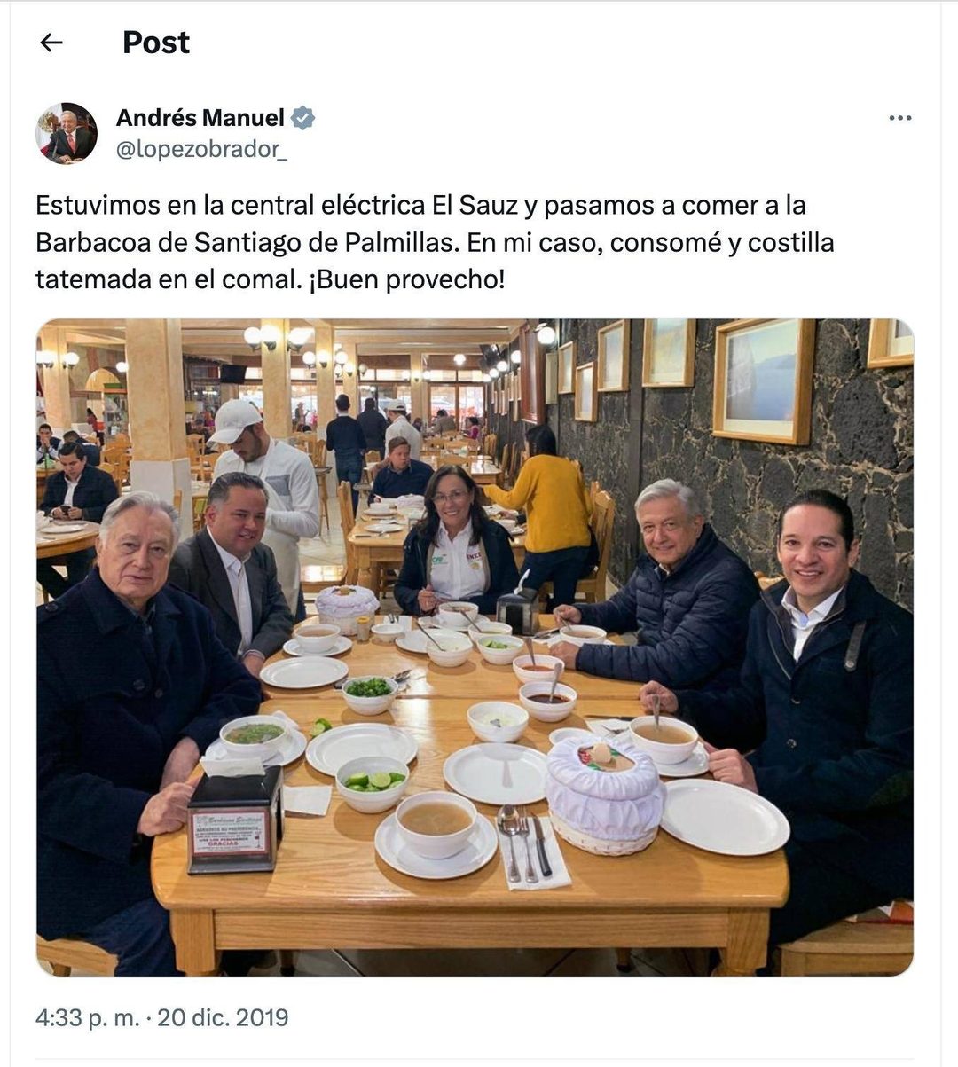 Post de AMLO sobre su parada a comer en le restaurante Barbacoa de Santiago, en Palmillas