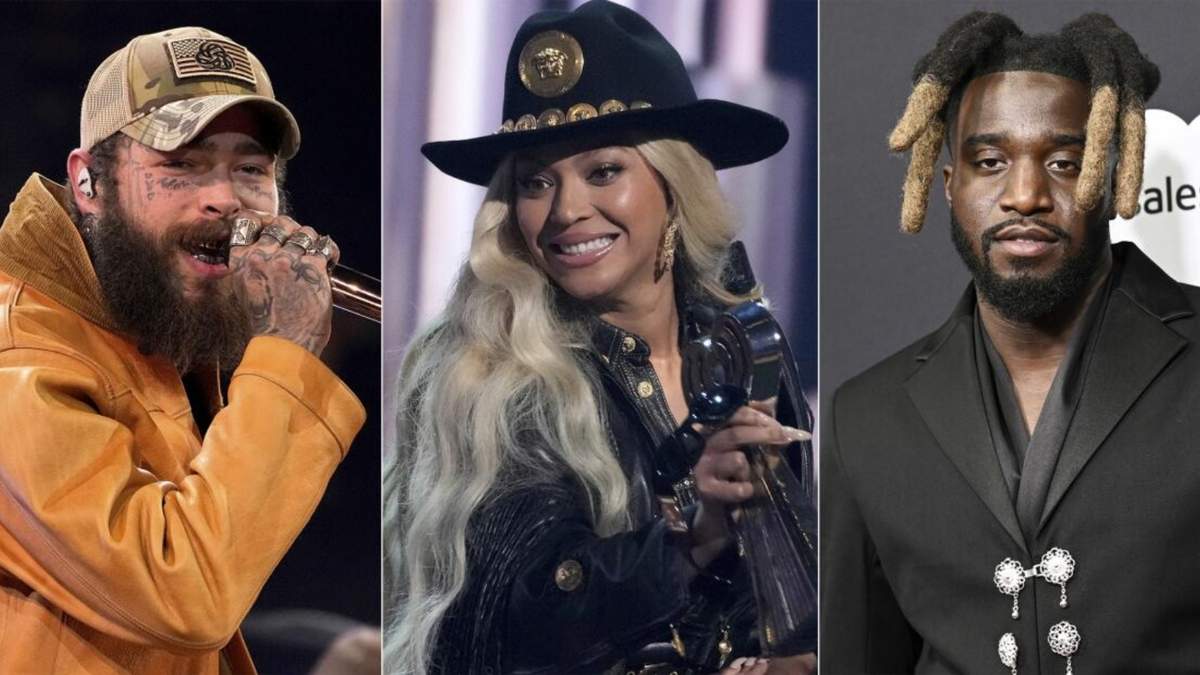 Esta combinación de imágenes muestra a los músicos Post Malone, de izquierda a derecha, Beyoncé y Shaboozey
