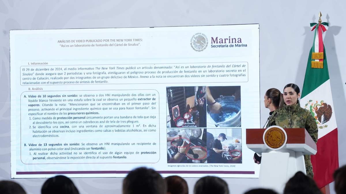 La química analista de la Secretaría de Marina, Juana Peñaloza, en la conferencia de Sheinbaum