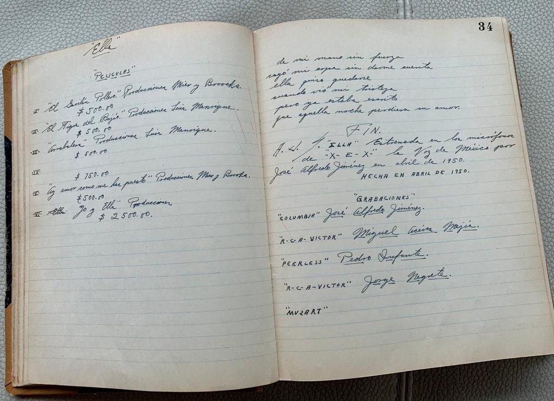 De la bitácora de canciones de José Alfredo Jiménez de su puño y letra. Foto Colección Casa Museo José Alfredo Jiménez