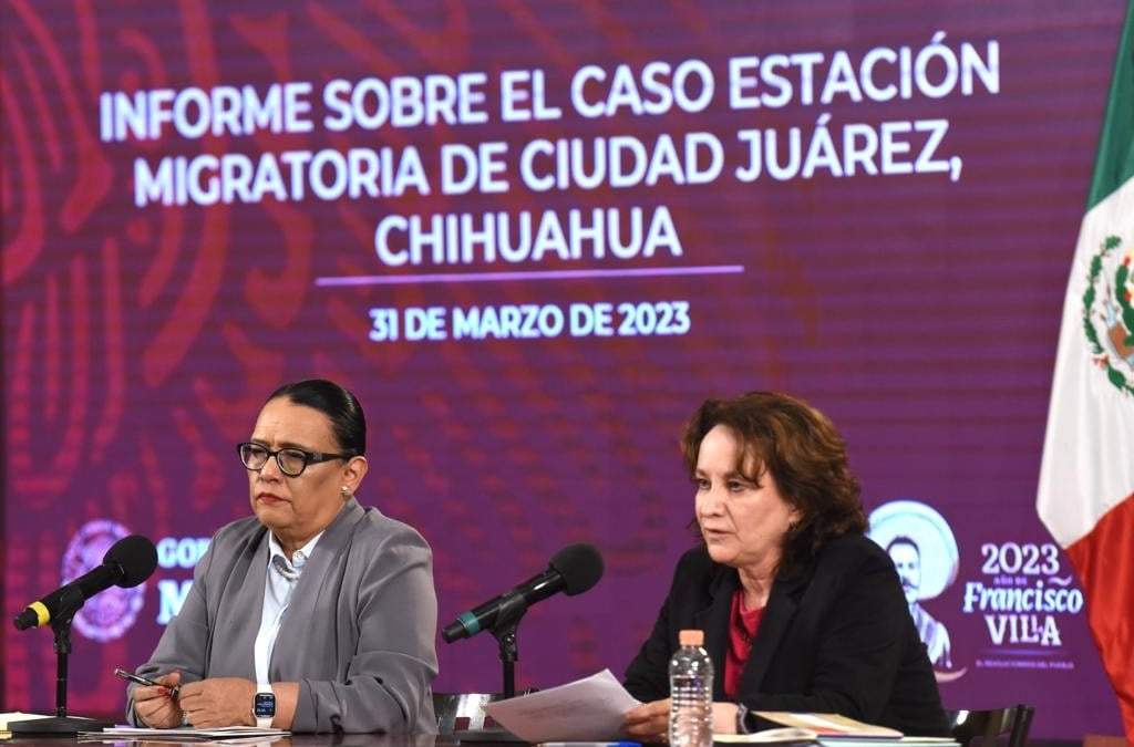 Conferencia de la titular de la Secretaría de Seguridad y Protección Ciudadana, Rosa Icela Rodríguez, acompañada de Sara Irene Herrerías Guerra
