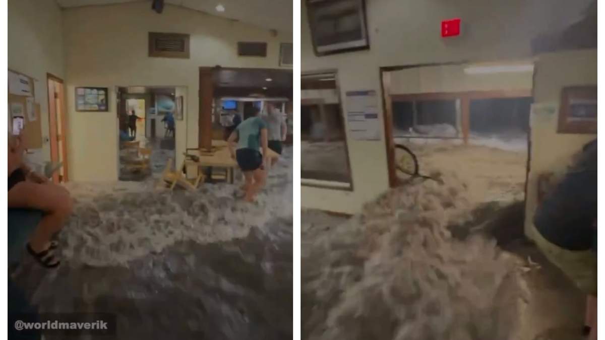 El momento en el que el agua inunda el comedor de una base militar