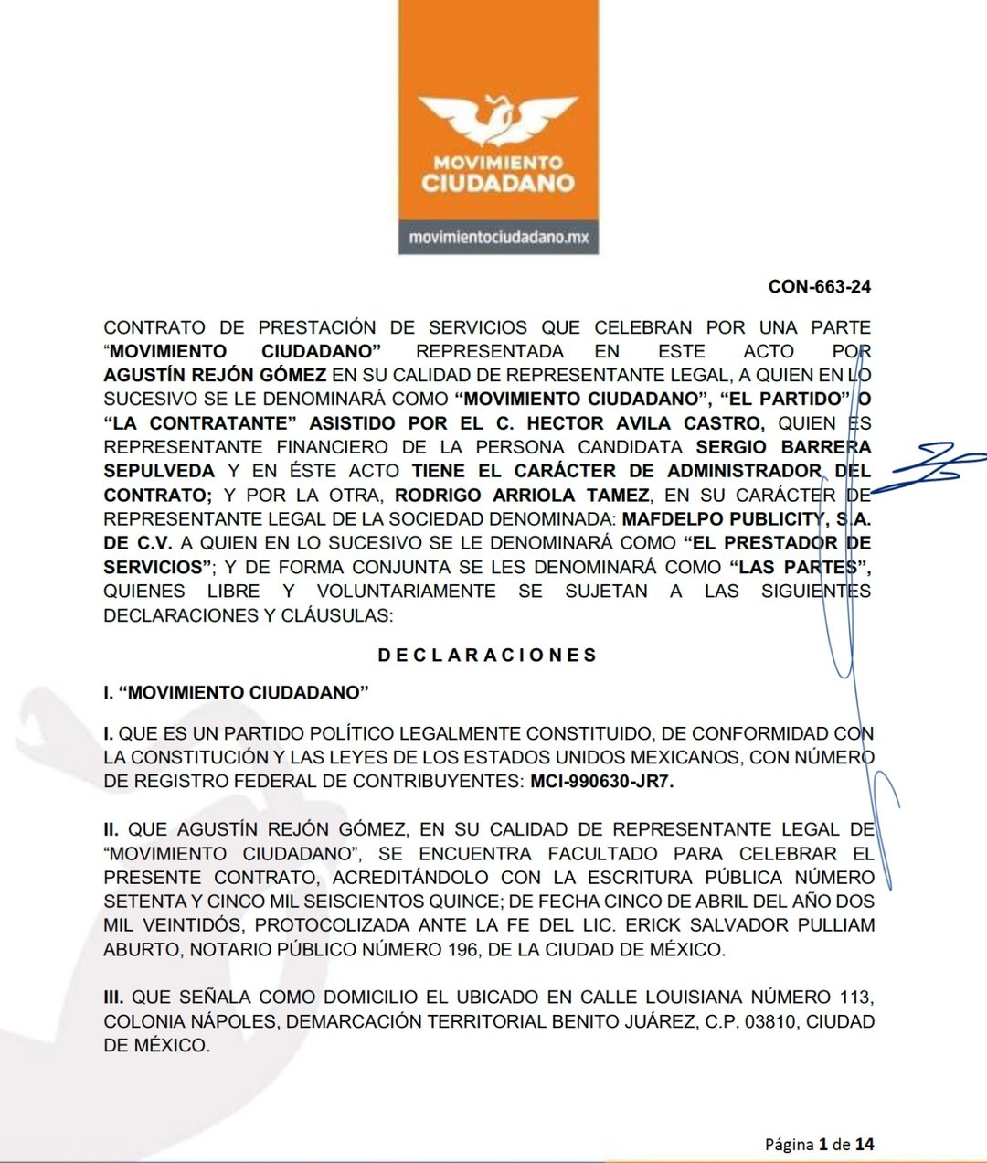El contrato entre MC y Mafdelpo Publicity, de Vicente Martínez. Foto Especial