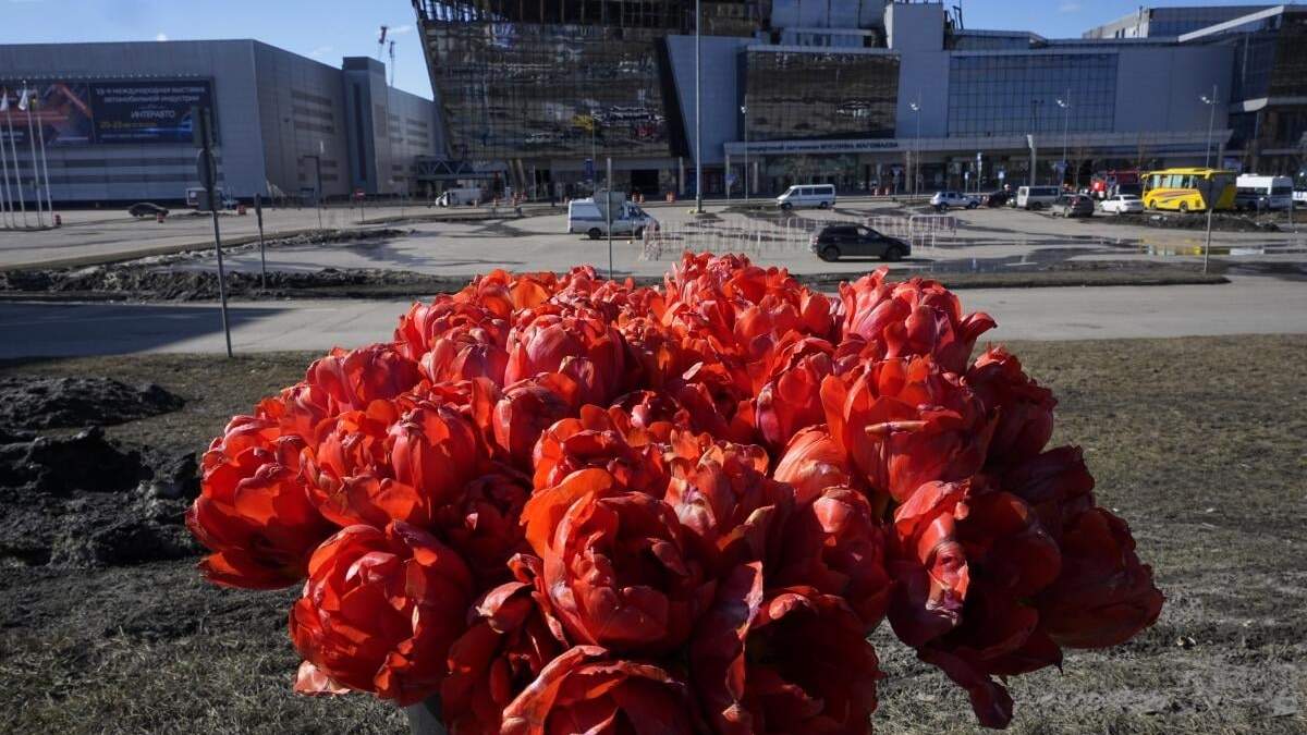 Flores colocadas frente a la sala de conciertos Crocus City Hall en las afueras al oeste de Moscú, miércoles 27 de marzo de 2024. La cifra de muertos por el ataque del viernes anterior se elevó a 140 al fallecer una víctima hospitalizada