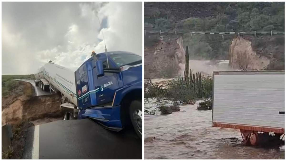 Afectaciones por tormenta tropical "Mario" en la carretera Transpeninsular, en el kilómetro 82 de la carretera Santa Rosalía-Vizcaíno, en el acceso norte de la comunidad de San Ignacio, Baja California Sur
