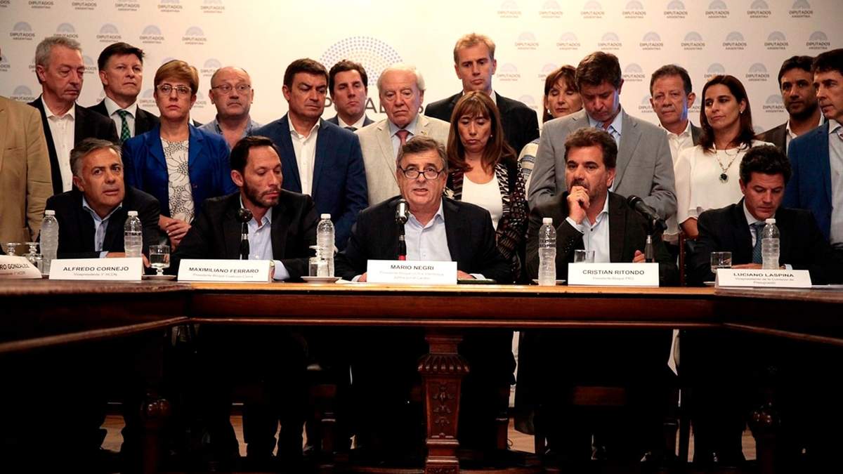 Cornejo, Ferraro, Negri y Ritondo junto a legisladores de JxC. Fuente: (Twitter)
