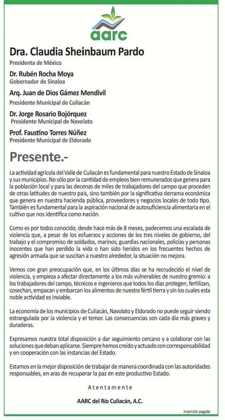 Carta de AARC dirigida al gobernador Rubén Rocha Moya y a la presidenta Claudia Sheinbaum