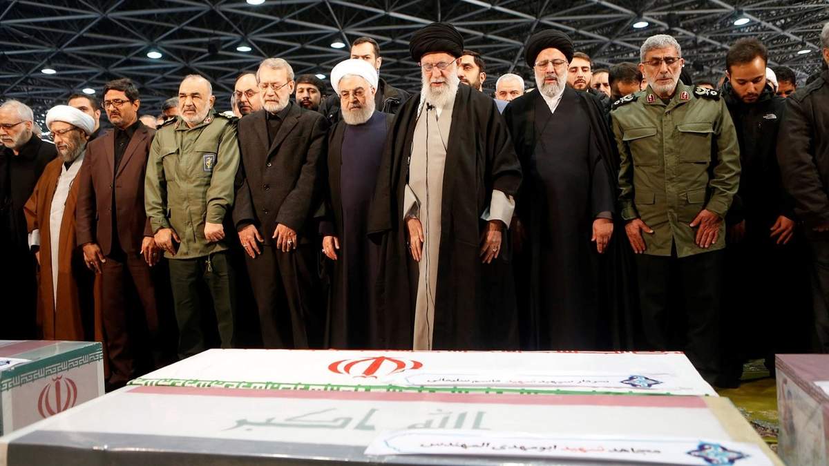 El Ayatolá Alí Jamenei junto a otros altos funcionarios iraníes durante el funeral de Estado del general Qassem Soleimani. Fuente: (Twitter).