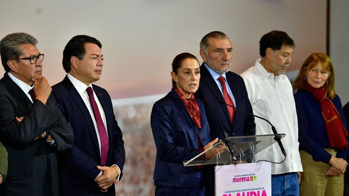 Ricardo Monreal, Mario Delgado, Adán Augusto López, Gerardo Fernández Noroña y Tatiana Clouthier con Claudia Sheinbaum