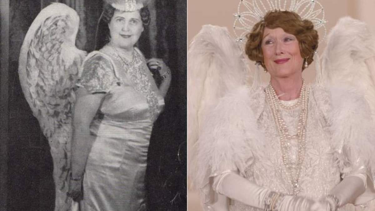 Florence Foster Jenkins (izquierda) interpretada por Meryl Streep (derecha)
