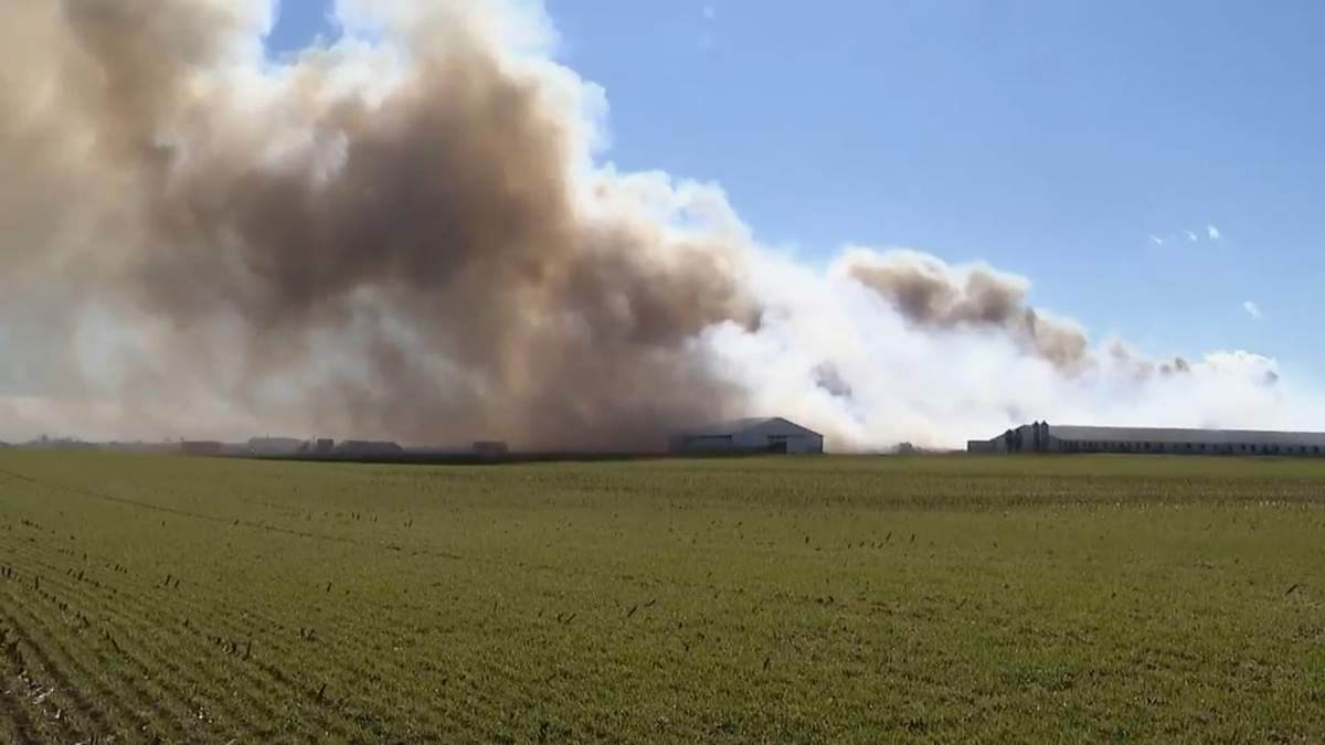 Foto tomada de video de la emisora WSYX, que muestra el incendio en el complejo agrícola en el condado Madison en Ohio, el 25 de febrero del 2026