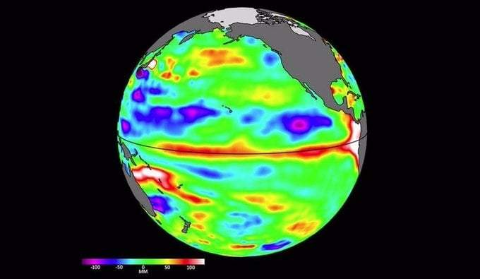 Datos del nivel del mar del satélite Sentinel-6 Michael Freilich muestran aguas oceánicas relativamente más altas y cálidas en el ecuador y la costa oeste de América del Sur