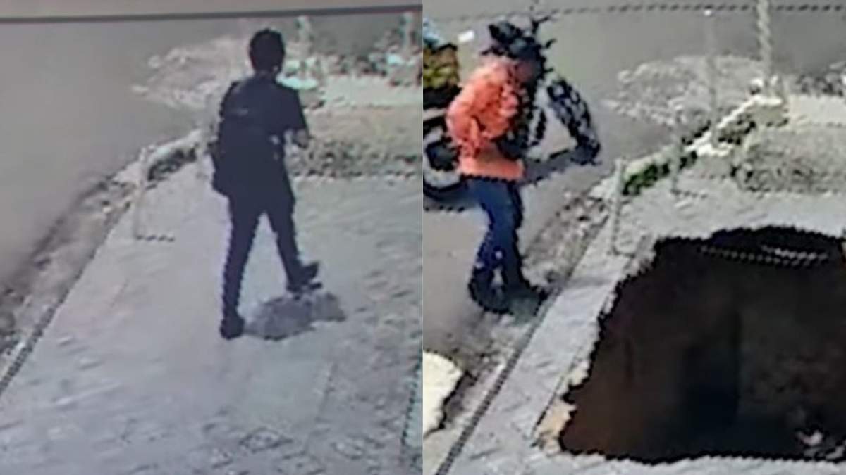 Una cámara de seguridad captó el momento en el que un joven fue "devorado" por un socavón.