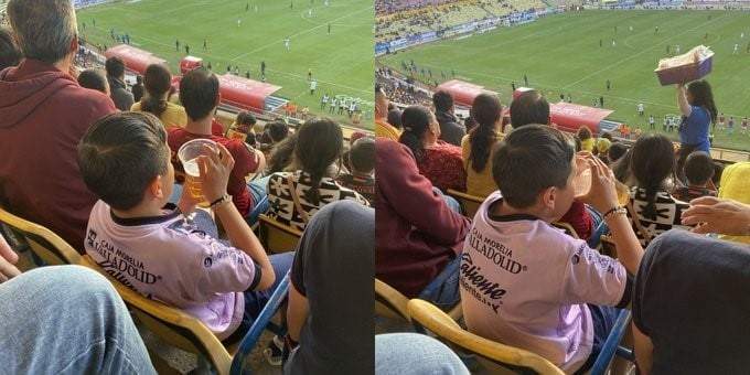 Niño es captado tomado cerveza en un estadio de futbol en Morelia