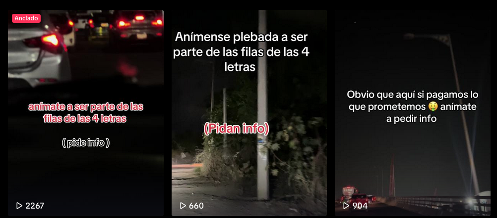 En la imagen, capturas de pantalla de publicaciones presuntamente hechas por el crimen organizado para reclutar a jóvenes vía TikTok
