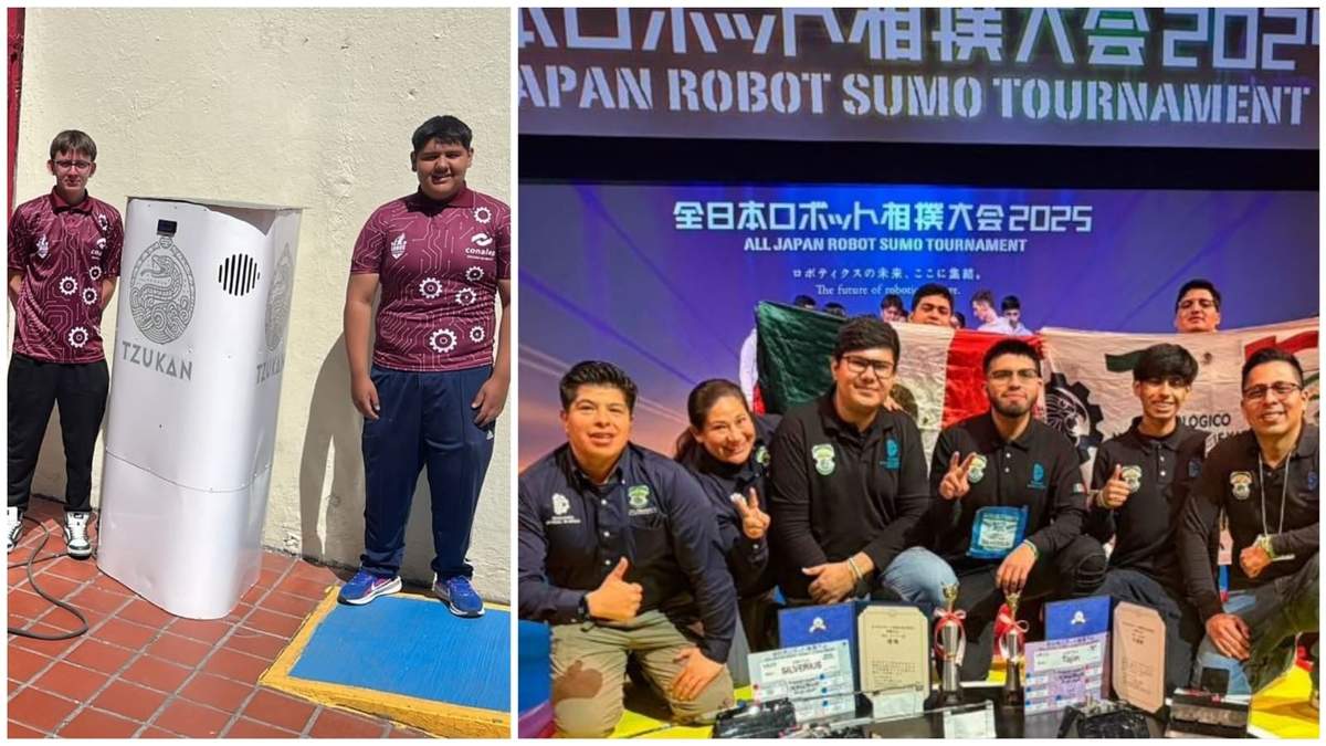 Estudiantes del Conalep I de Tlalnepantla con su dispositivo modular que permite generar agua potable, ganadores en Singapur (izq), y los alumnos del TecNM de Tlalnepantla, ganadores en concursos de robot sumo en Japón y Ecuador (der)