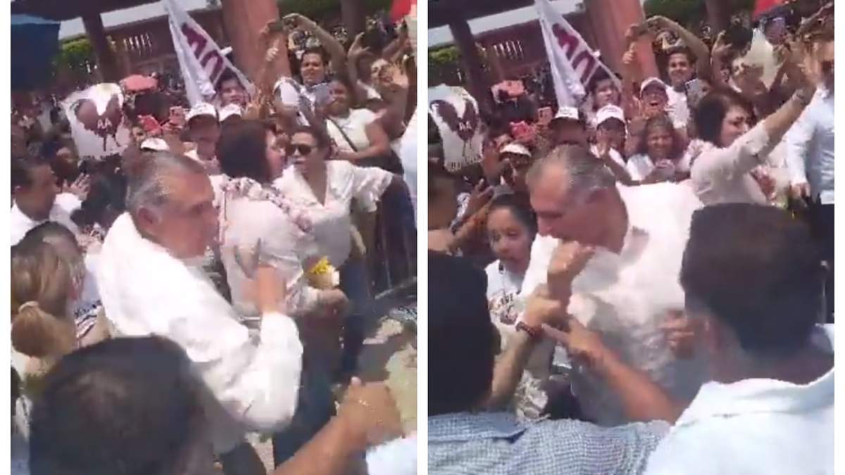 El momento en el que Adán Augusto reacciona con un codazo al ser jaloneado