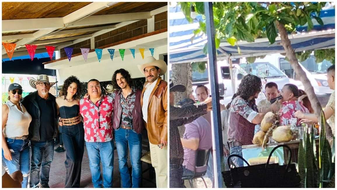 En la primera imagen (extrema izquierda) la directora de turismo de Jojutla, Griselda Torres Moreno se fotografía con el elenco de Dinastía Casillas; en la segunda imagen, hombres armados amenazan a un hombre, como parte de la filmación