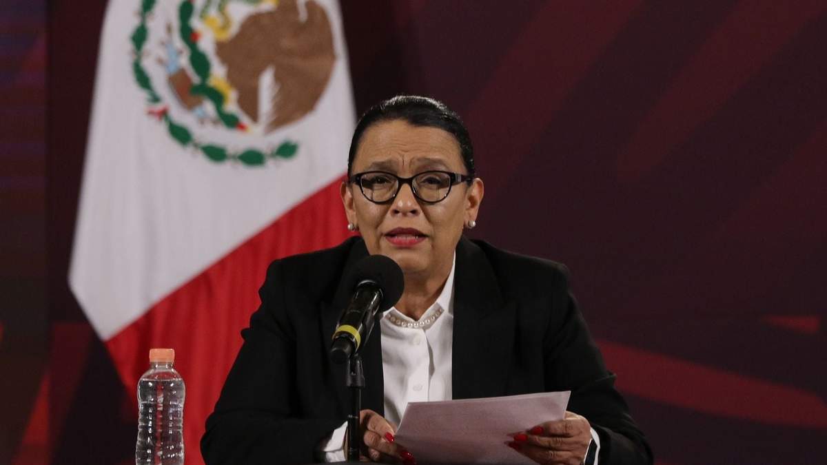 Rosa Icela Rodríguez en la conferencia en Palacio Nacional