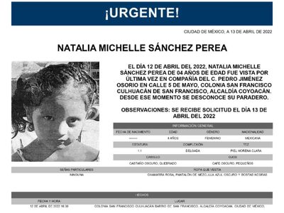 Buscan a la niña Natalia Michelle, desaparecida en Coyoacán