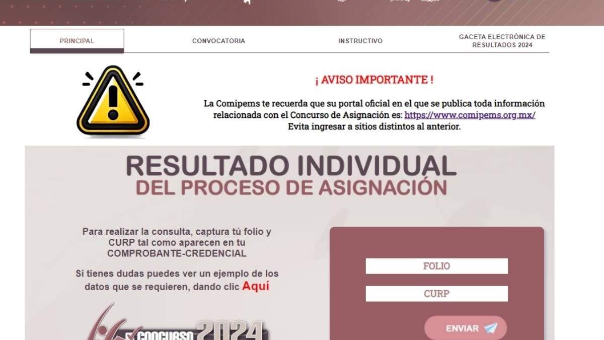 La página para verificar los resultados del examen para educación media superior