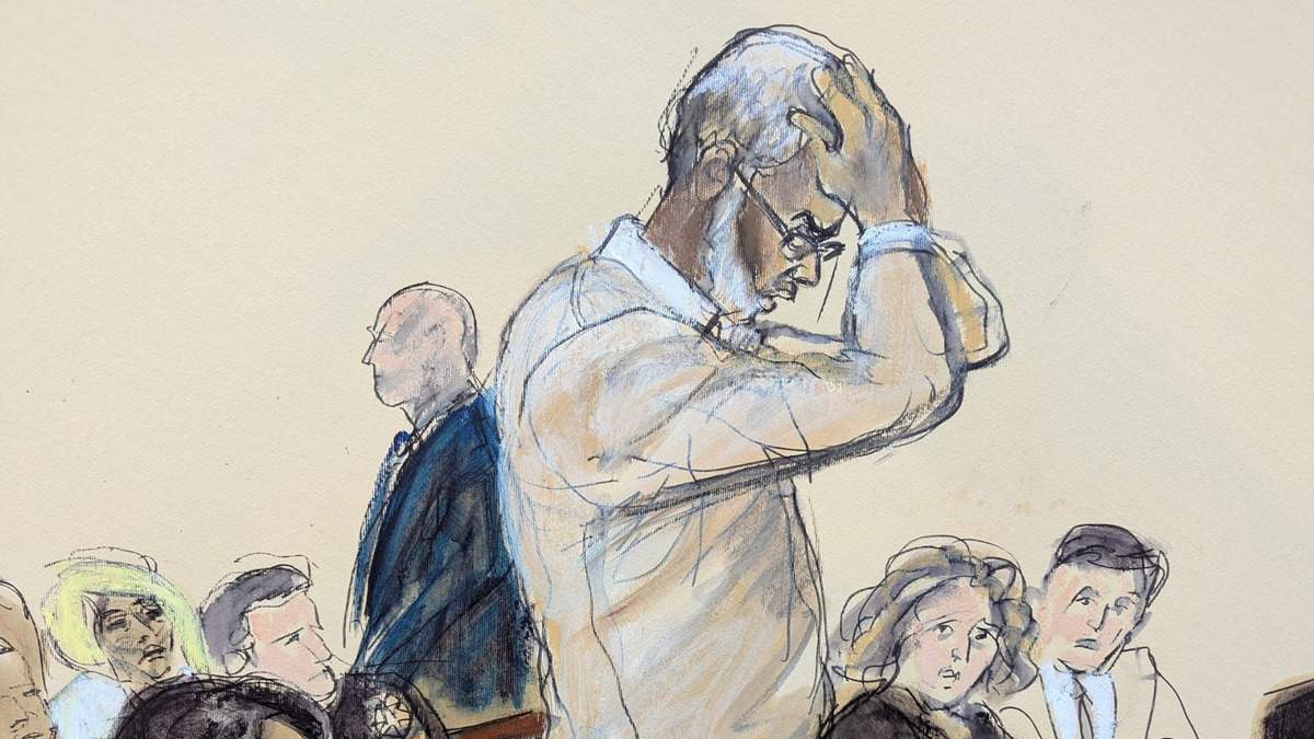 En este dibujo judicial, Sean Diddy Combs reacciona mientras hace una declaración durante su audiencia de sentencia en el tribunal federal de Manhattan, el viernes 3 de octubre