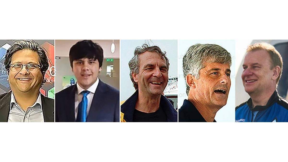 De izquierda a derecha:  Shahzada Dawood, Suleman Dawood, Paul-Henry Nargeolet, Stockton Rush y Hamish Harding
