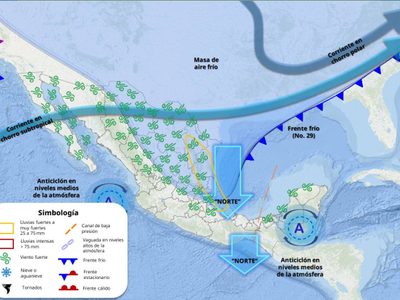 Frente frío 29 llega este jueves con su masa de aire gélido; lluvias muy fuertes en estas entidades