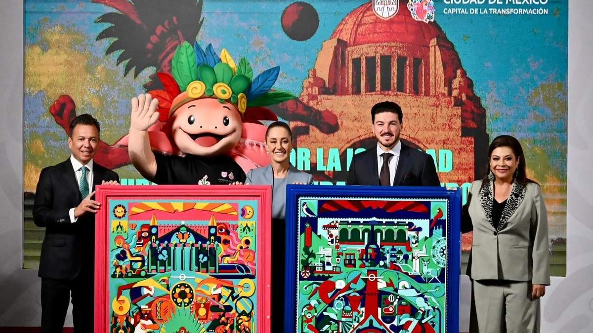 La presidenta Claudia Sheinbaum con los mandatarios de los estados que albergarán el Mundial 2026, Pablo Lemus de Jalisco, Samuel García de Nuevo León y Clara Brugada de la CDMX, en la conferencia matutina de Palacio Nacional, el jueves 27 de noviembre de 2025