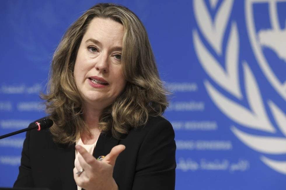 La nueva directora general de la Organización Internacional para las Migraciones (OIM), Amy Pope, en una conferencia en la sede europea de la ONU el 2 de octubre de 2023