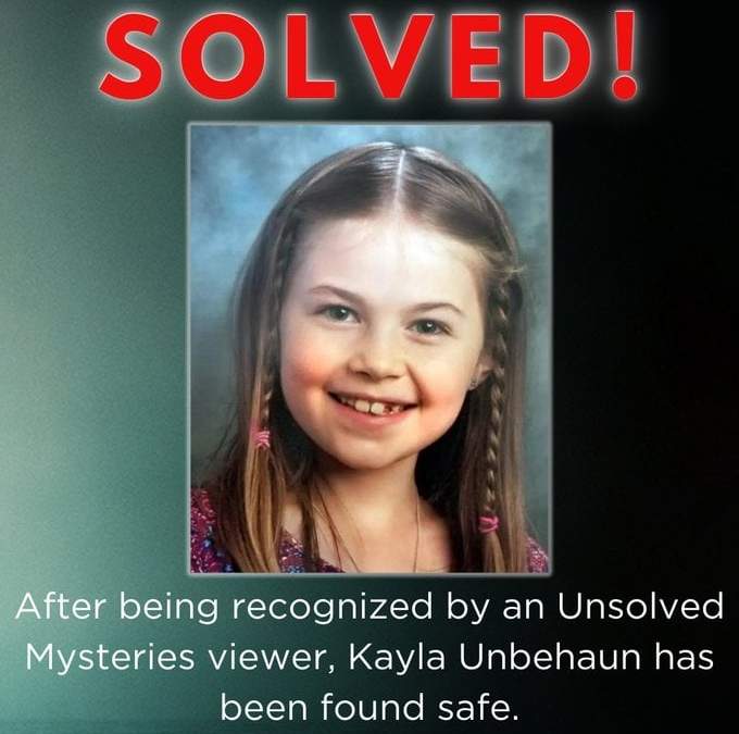 Kayla Unbehaun, secuestrada en 2017 por su madre y encontrada este año gracias al programa "Misterios sin resolver"