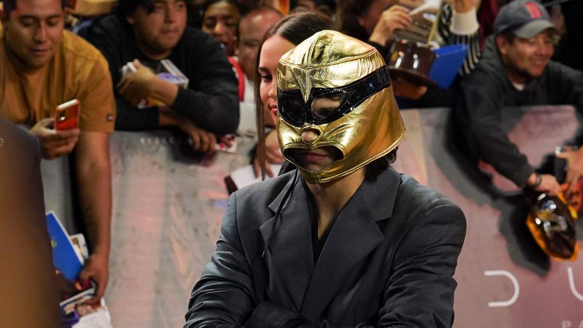 El actor Timothée Chalamet luce una máscara de luchador