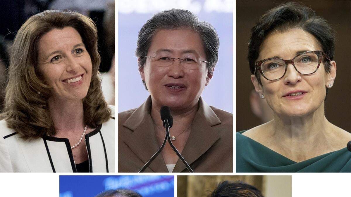 Desde arriba a la izquierda: La CEO de Northrop Grumman, Kathy Warden; la CEO de Advanced Micro Devices, Lisa Su; la CEO de Citigroup, Jane Fraser; de abajo a la izquierda: la CEO de General Motors, Mary Barra y la CEO de United Parcel Service, Carol Tome. ()