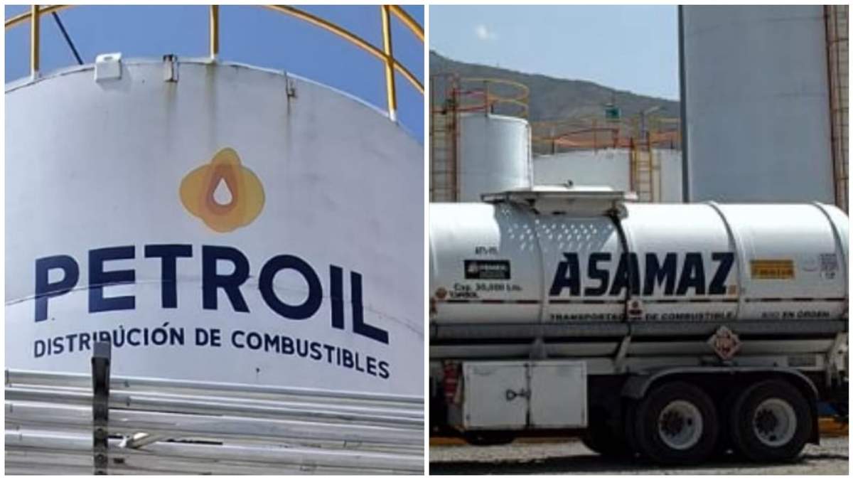 Logos de Petroil y Asamaz, empresas vinculadas a Peme, en un tanque de almacenamiento y en un vehículo de carga, asegurados en una bodega con 1.6 millones de huachicol