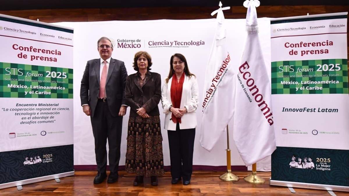 El secretario de Economía, Marcelo Ebrard, la titular de Secretaría de Ciencia, Humanidades, Tecnología e Innovación, Rosaura Ruiz Gutiérrez, y la gobernadora de Morelos, Margarita González Saravia presentan STS Forum para América Latina y el Caribe, que se llevará a cabo el próximo diciembre