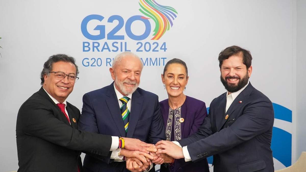 Gustavo Petro, Lula, Claudia Sheinbaum y Gabriel Boric, el lunes en la Cumbre del G20
