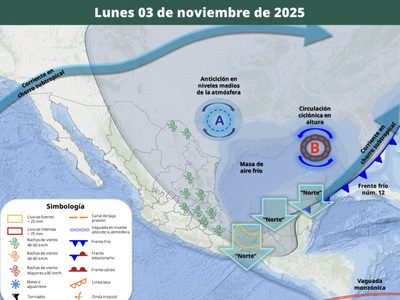 Frente frío 12 y masa de aire polar pegarán con heladas, lluvias y vientos fuertes de lunes a jueves