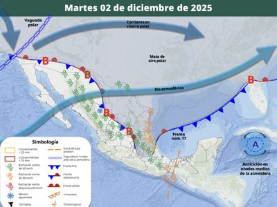 Avanza la masa de aire polar del frente frío 17; lluvias fuertes el martes en los siguientes estados