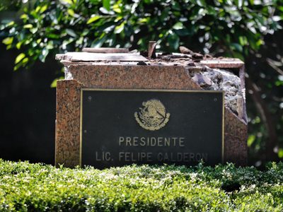 Árbol derriba la estatua de Felipe Calderón en Los Pinos