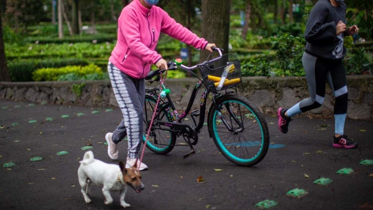 Una mujer pasea a su perro en tiempos de pandemia en la Ciudad de México