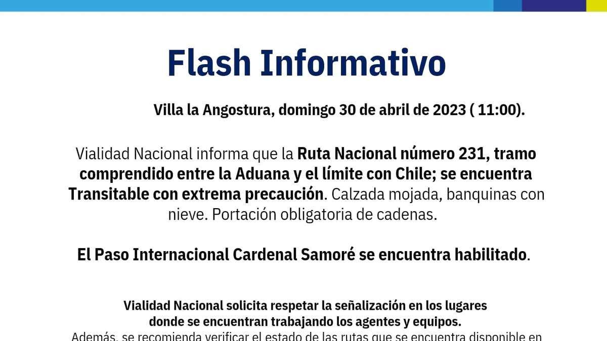 Vialidad Nacional informó la habilitación de los pasos internacionales. Fuente: (Vialidad Nacional)