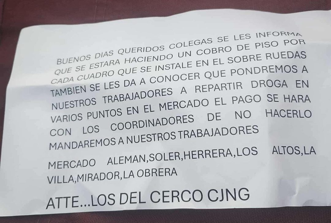 Mensaje de extorisón entregado a comerciantes de mercados en Tijuana