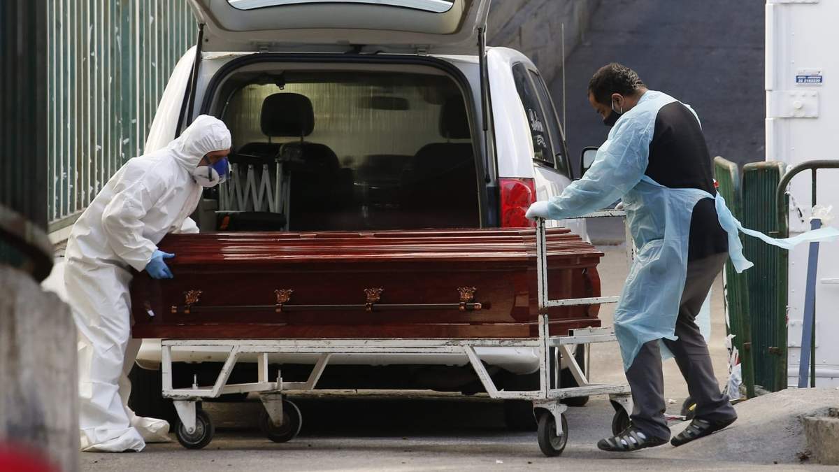 Personal funerario moviliza un féretro en Chile. Fuente: (Twitter)