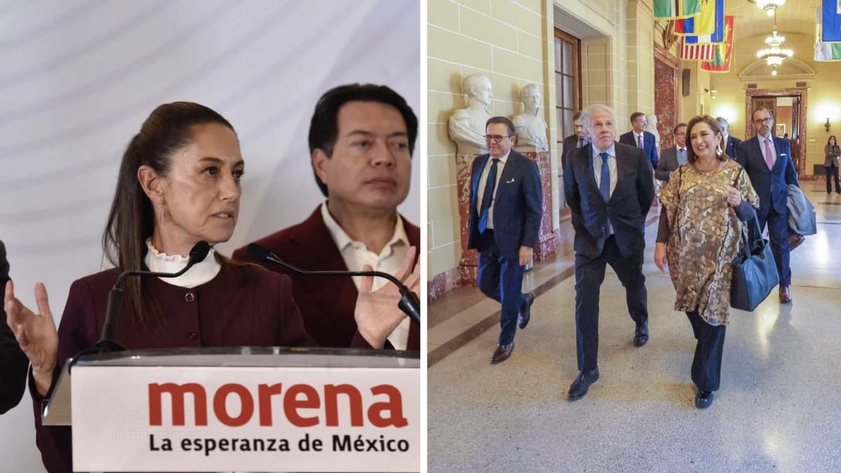 Sheinbaum y Mario Delgado en la conferencia del martes; a la derecha, Luis Almagro, secretario general de la OEA, y la candidata opositora
