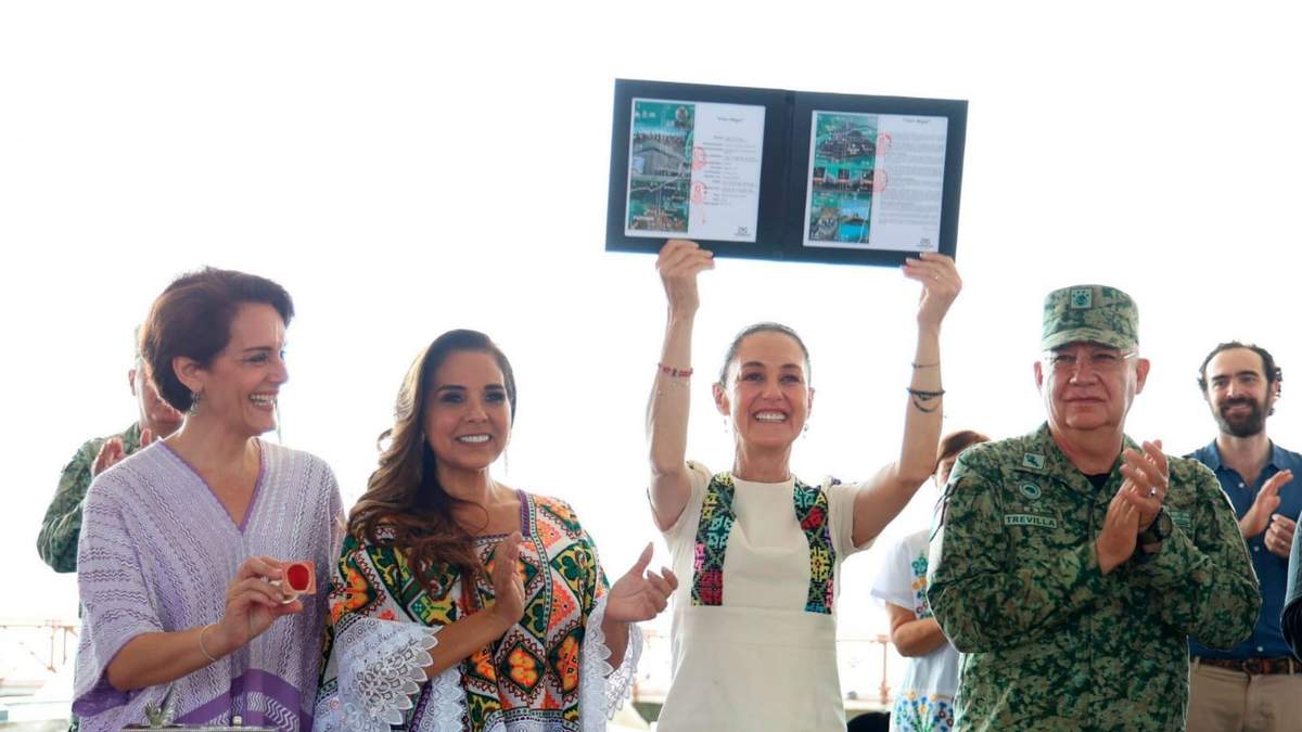 La presidenta Claudia Sheinbaum canceló un timbre postal y cortó el listón inaugural de los tramos 6 y 7 del Tren Maya